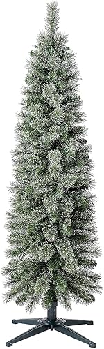 Miniatura 5 de Home Heritage Árbol de Navidad Stanley Slim preiluminado de 5 pies, pino artificial con 150 luces incandescentes blancas y 186 puntas de rama,