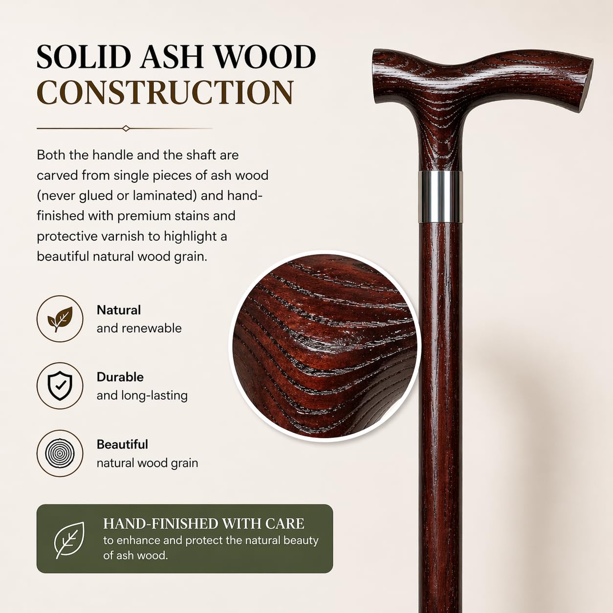 Dr. Watson Classic Fritz Walking Stick – Handcrafted Ash Wood Cane with Polished Stainless Steel Collar