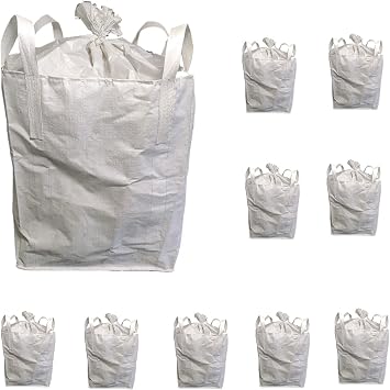 FIBC Bulk Bags 35"x35"x43" Pack of 10 Heavy Duty Construction Builder Bags, 2200 lbs Capacity, Duffle Top, Flat Bottom, 35 Cu Ft, White Woven Polypropylene Big Bags
