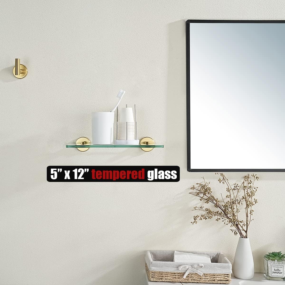 JQK Bathroom Glass Shelf Gold, Tempered Glass Shower Storage 12 by 5 inches, 304 Stainless Steel Brushed Gold Wall Mount 2 Pack, TGS101L12-BG-P2