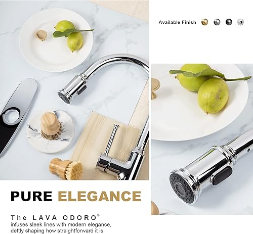 Miniatura 9 de Lava Odoro Grifo de cocina cromado con rociador extraíble, grifo de fregadero de cocina de un solo agujero, grifo de cocina de una sola manija con