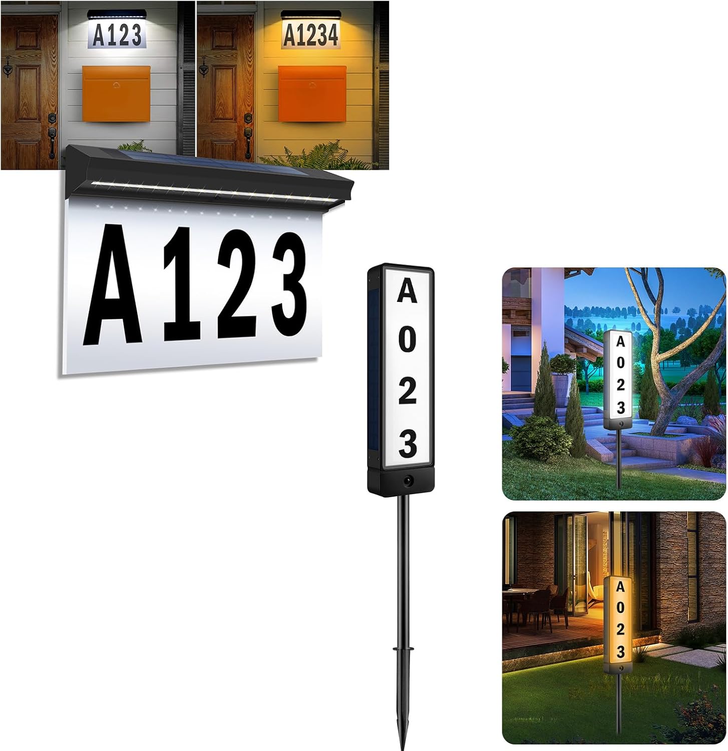 Solar Powered Address Sign & Double Sided Solar Address Sign, T-SUNUS Lighted House Numbers Sign Plaque Address Numbers for Houses Mailbox Street Yard 2 Pack