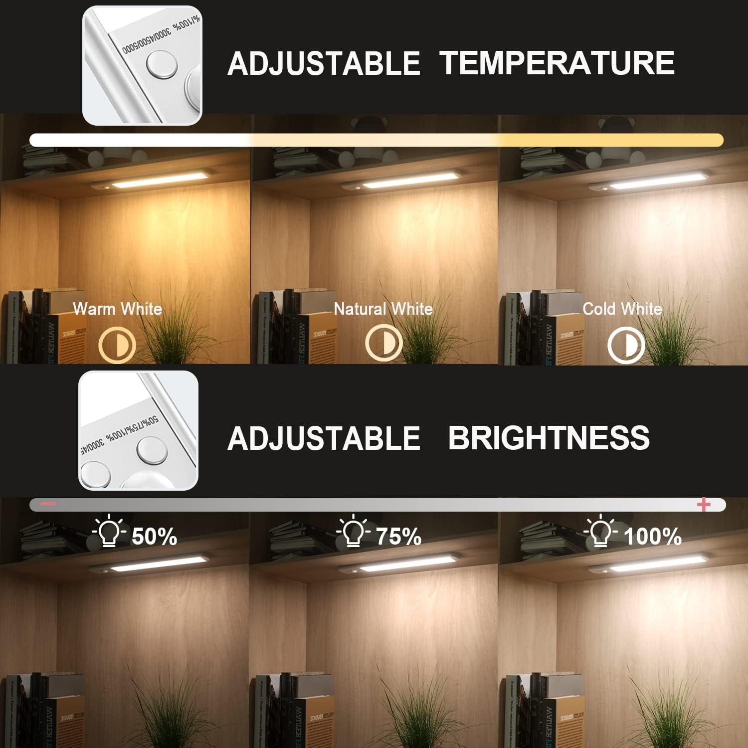 66-LED Motion Sensor Under Cabinet Lights - 3-Color Dimmable Wireless Closet Lighting with USB Rechargeable 1000mAh Battery - Magnetic LED Counter Lights for Kitchen Drawer Cupboard, Stair - 1Pack