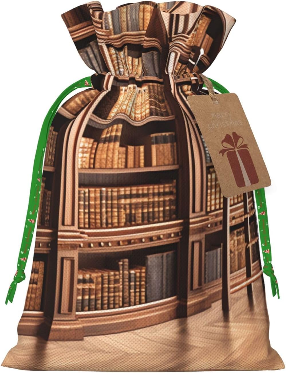 NBSKSDLK Library Bookcase Christmas Gift Bags with Tags & Ribbon Ties, Personalized Santa Sack Xmas Treat Pouch Party Favor Bags Drawstring Christmas Sacks for Holiday Presents Storage Small