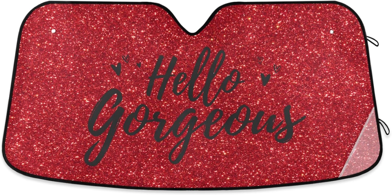 Hello Gorgeous Car Windshield Sun Shade Red Glitter Sunshade Front for Truck SUV Blocks UV Rays Sun Visor Protector Keep Your Vehicle Cool