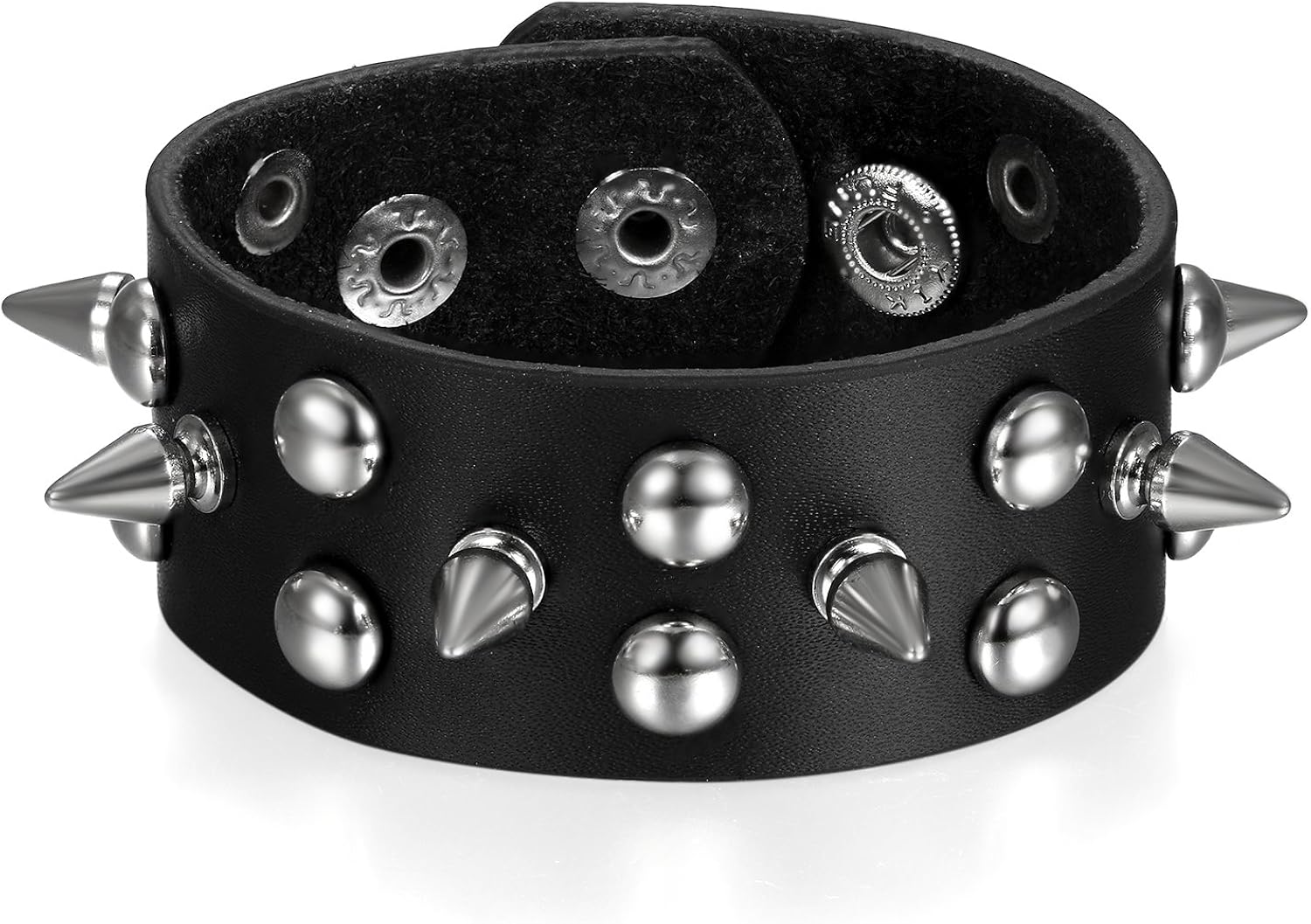 JewelryWe Rivet Punk Rock Spike Studded Biker Strap Leather Bracelet Neutral Black Wristband Adjustable For Men Women - Image 3