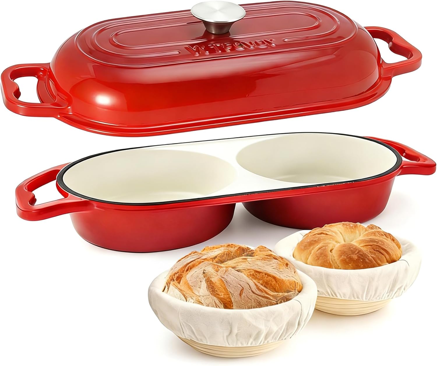 DIY Double Dutch Oven for Sourdough Bread Baking – Enamel Cast Iron Bread Baker with Lid, Bake Two Different Loaves at Once, 500°F Oven Safe, Includes 2×5" Banneton Proofing Baskets