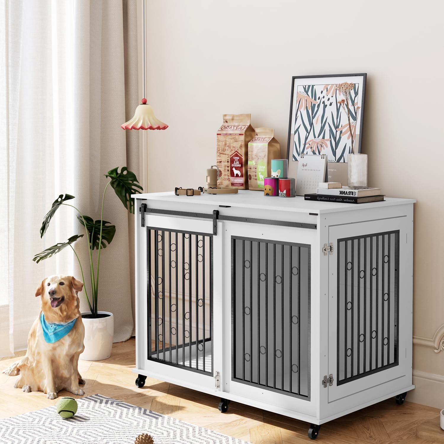 IchbinGo Large Dog Crate Furniture, 47″ Wooden Dog Kennel with Sliding Barn Door, Flip-Top Lid & Wheels, Indoor Pet Crate Table with Detachable Divider for Small/Medium/Large Dogs (White)