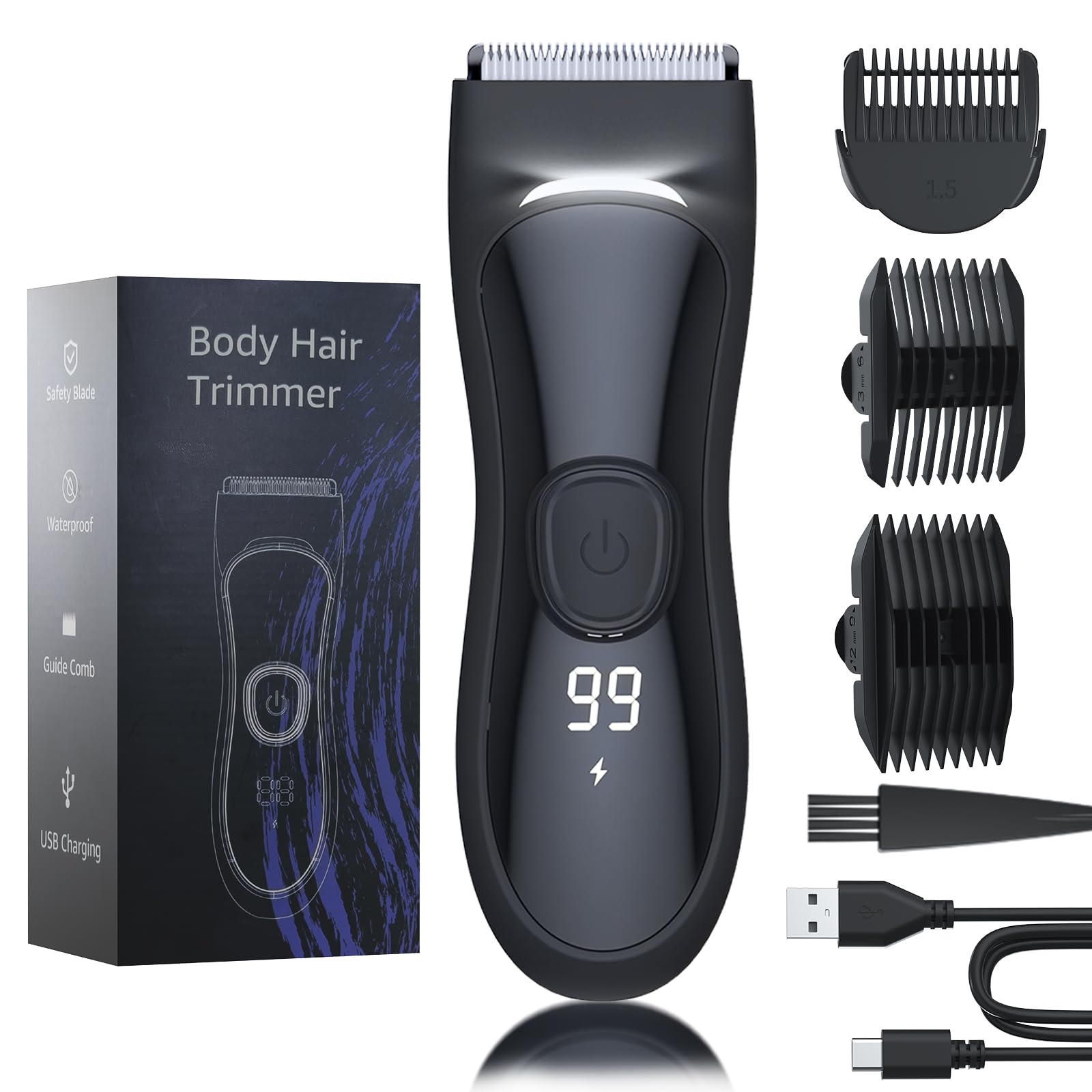 Beard and Body Trimmer for Men with Ceramic Blade, Waterproof, with 3 Guide Combs(1.5/3/6/9/12mm), Multifunction Electric Razor for Men & Pubic Shaver, LED Display, Travel Lock, Black