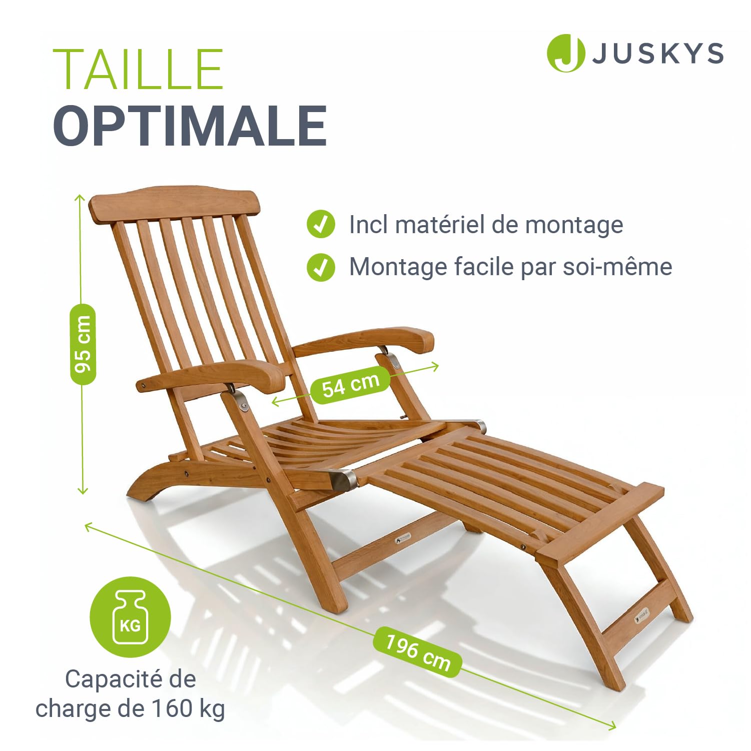Juskys® Chaise Longue Evia - Pliable pour Le Jardin et la terrasse, en Bois d'acacia huilé pour Un Aspect Naturel et Une Longue durée de Vie, 196 x 54 x 95 cm, Couleur Naturelle