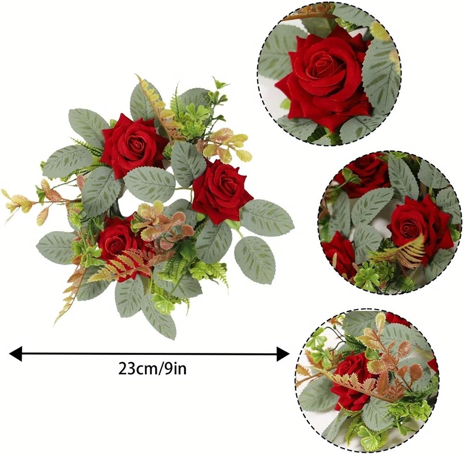 Candle Wreath 2 Pcs Artificial Rose Candle Rings Valentine's Day Artificial Flowers Candle Holder Fake Greenery Leaves Mini Wreath for Home Decorations(White)