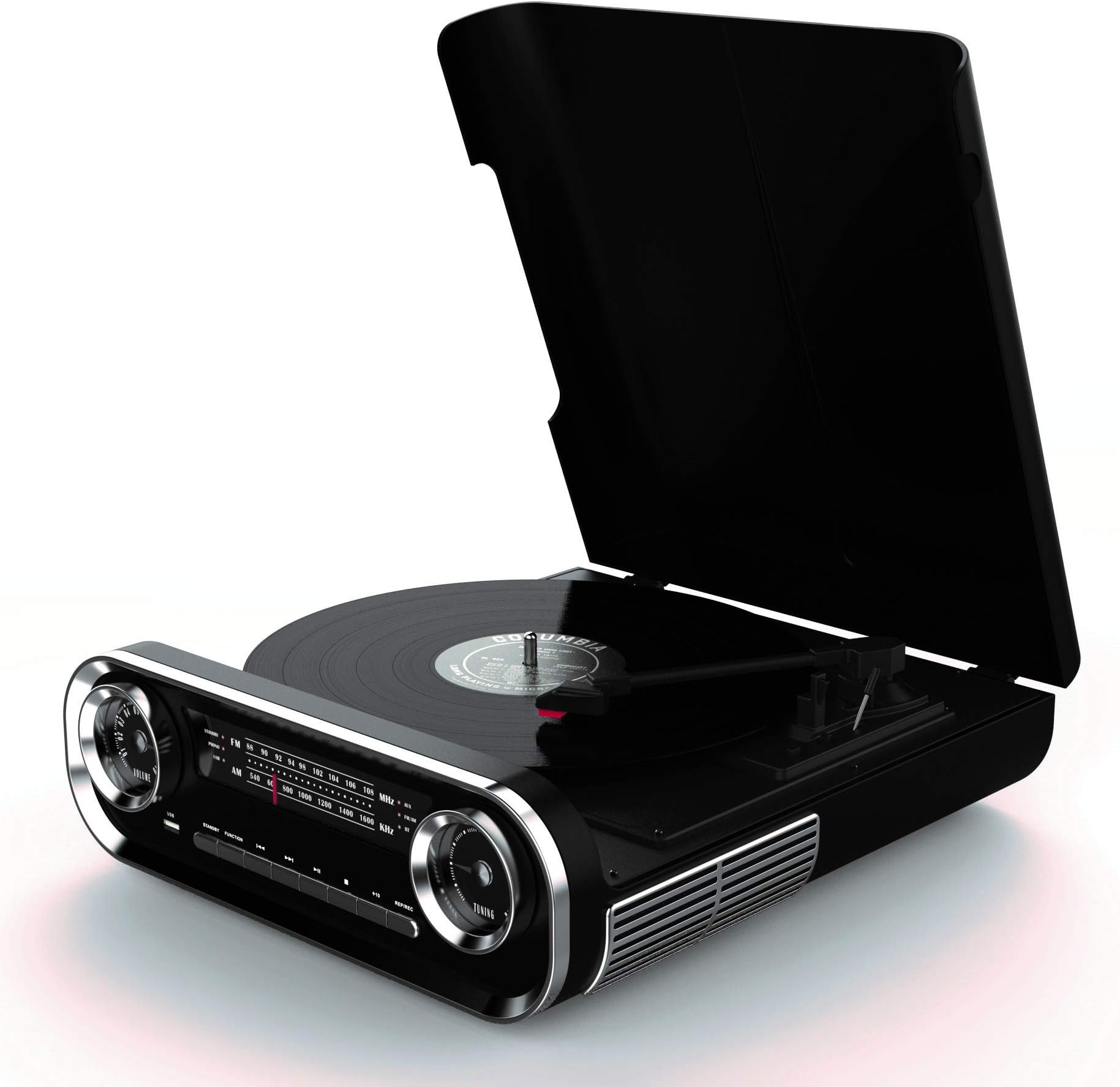 Record Player Vinyl Turntable with Speakers - USB MP3 Playback/ Bluetooth/ FM Radio/ Vinyl LP Records – RCA, Aux and Headphone Output (Black)
