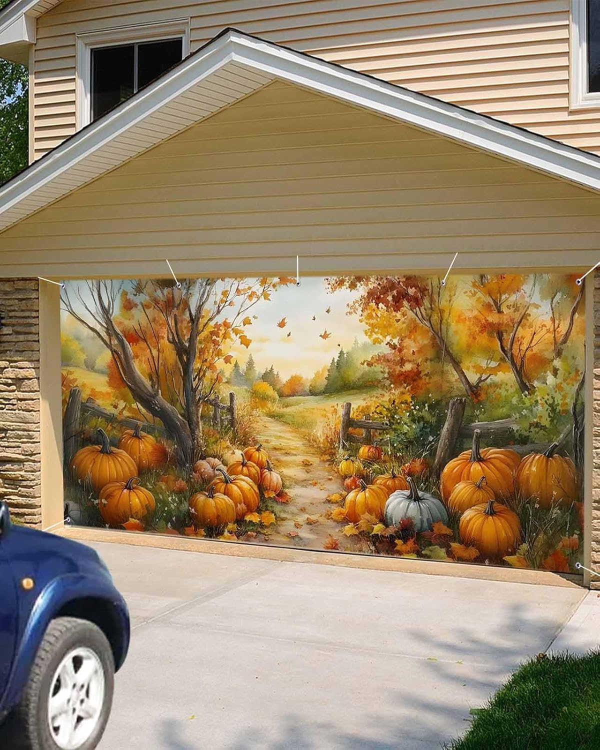 Fall Maple Leaves Garage Door Banner 6.9 x 8 ft Thanksgiving Pumpkins Garage Door Decorative Covers Holiday Decorations Rustic Farmhouse Photo Backdrop Large Outdoor Hanging Sign for Party Home Decor