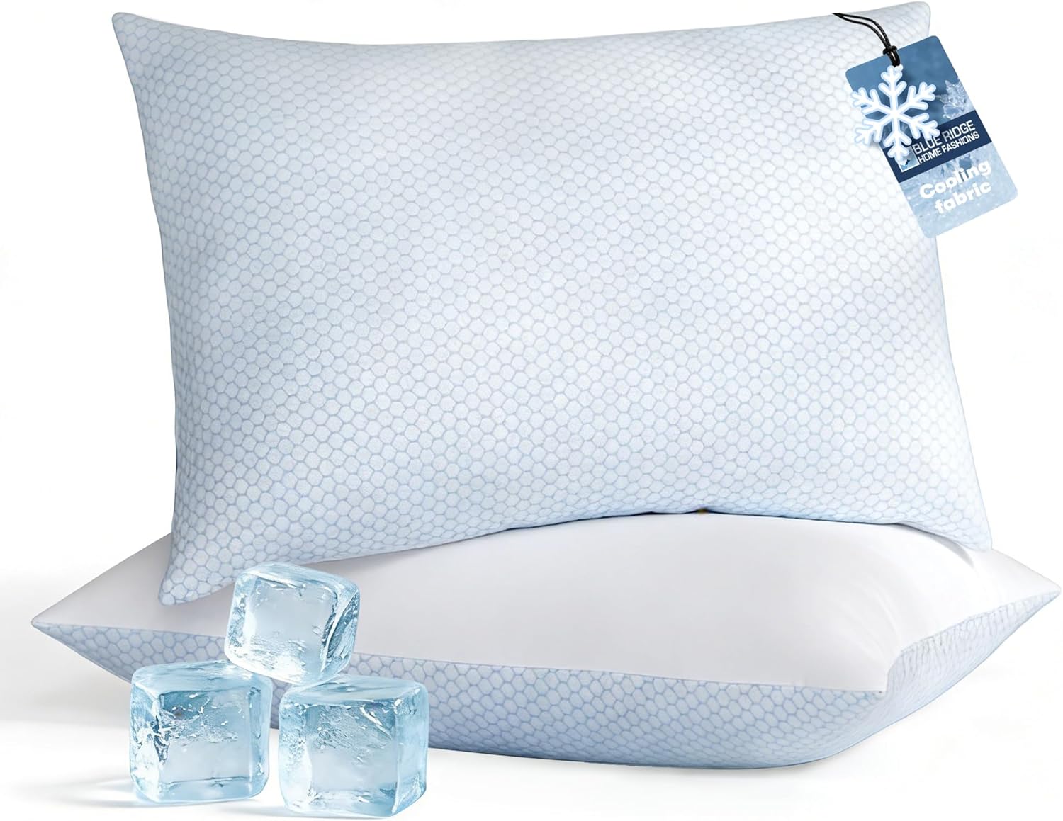 Blue Ridge Home Fashions Cooling Bed Pillows Queen Size Set of 2, Reversible Cooling & Cotton Fabric, Medium Firm, Down Alternative Breathable for Hot, Side, Back & Stomach Sleepers, 20" x 28"