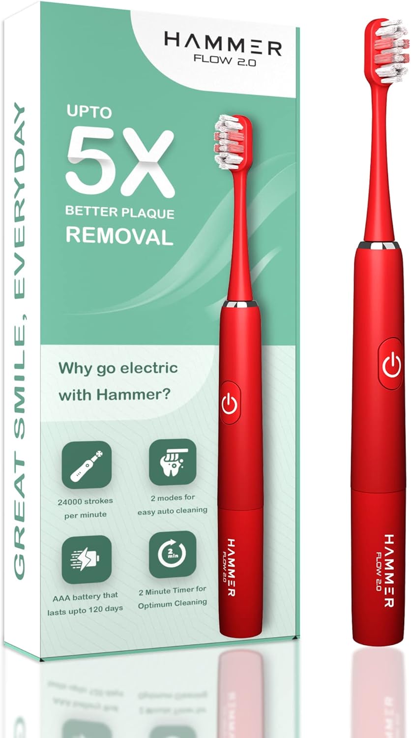 Hammer Flow 2.0 Electric Toothbrush and 2 Replaceable Brush Heads for Men and Women, 2 Brushing Modes, AAA Battery, Waterproof, Super-Soft Bristles, Electric Brush (Red)