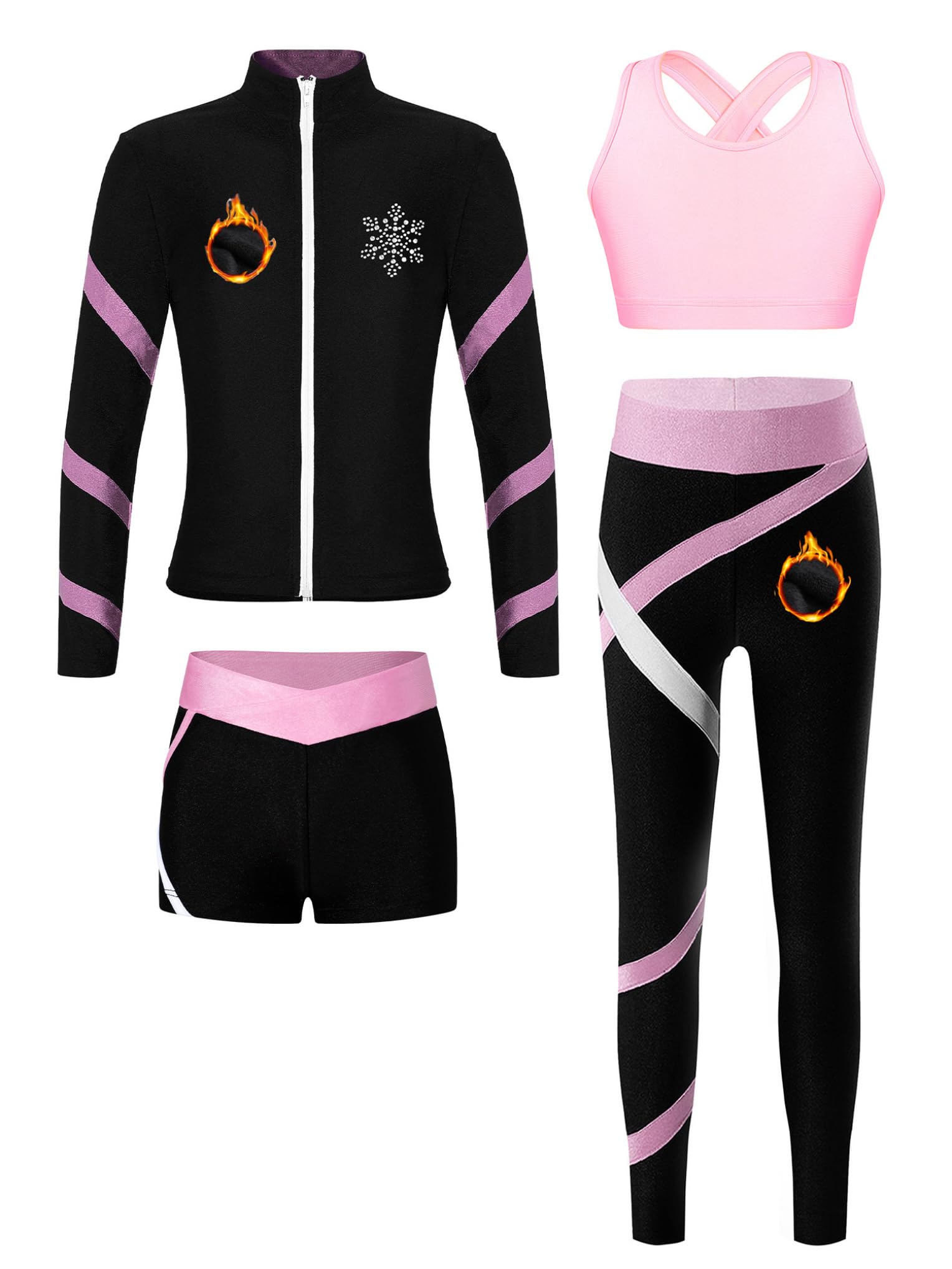 Tute da Pattinaggio in Pile Bambina Completo Invernale Termico Giacca + Reggiseno+ Pantaloni + Pantaloncini Abbigliamento da Pattinaggio su Ghiaccio Rosa 5-6 anni