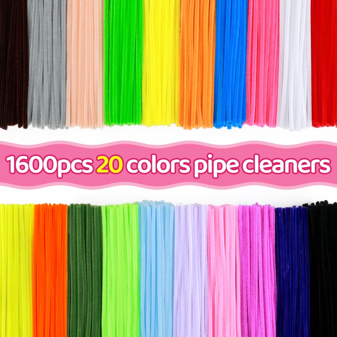 Praisebank Pipe Cleaners, 1600pcs 20 Colors, Chenille Stems for DIY Projecets, Arts & Crafts Supplies for Festival Party Decorations