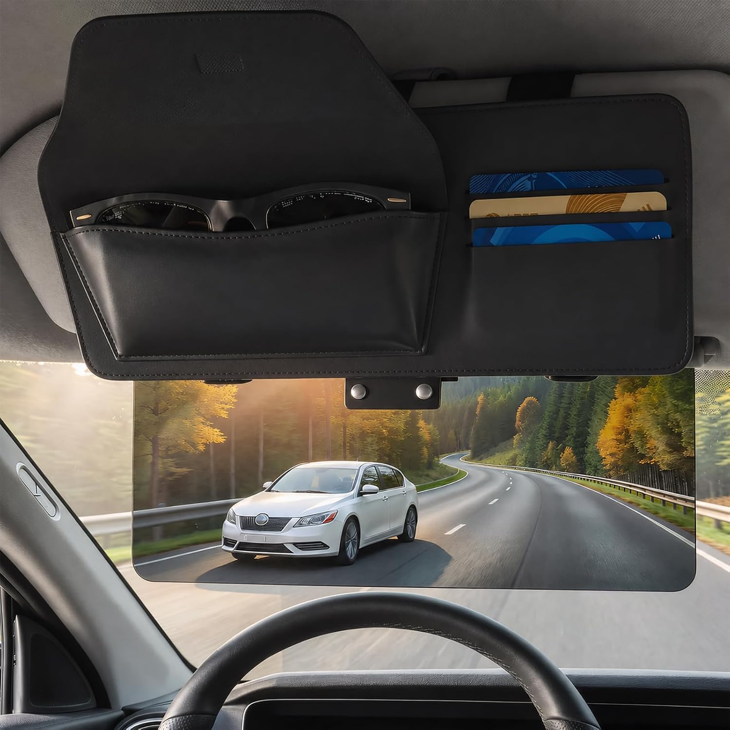 Grishcamy Sun Visor Extender for Cars: Universal Car Visor Extender Sun Blocker, 2-in-1 Adjustable Car Sun Visor Extender with Sunglasses Holder & Card Slots, Anti-Glare for Safe Driving