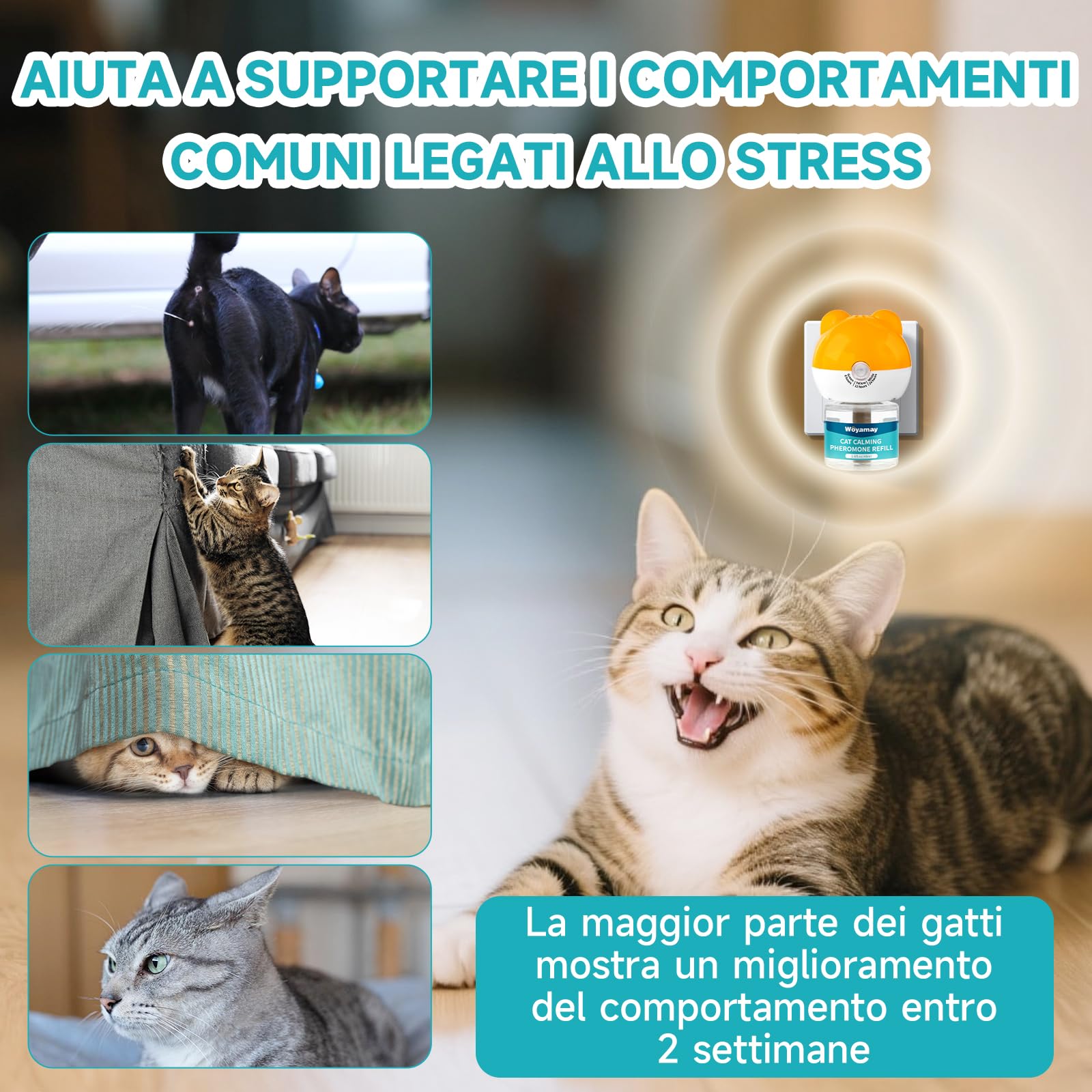 Woyamay Diffusore Feromoni per Gatti con 1 Diffusore + 2 Ricariche 48 ml, Calmante eTranquillante per Gatti, Antistress Gatto Fino a 60 Giorni