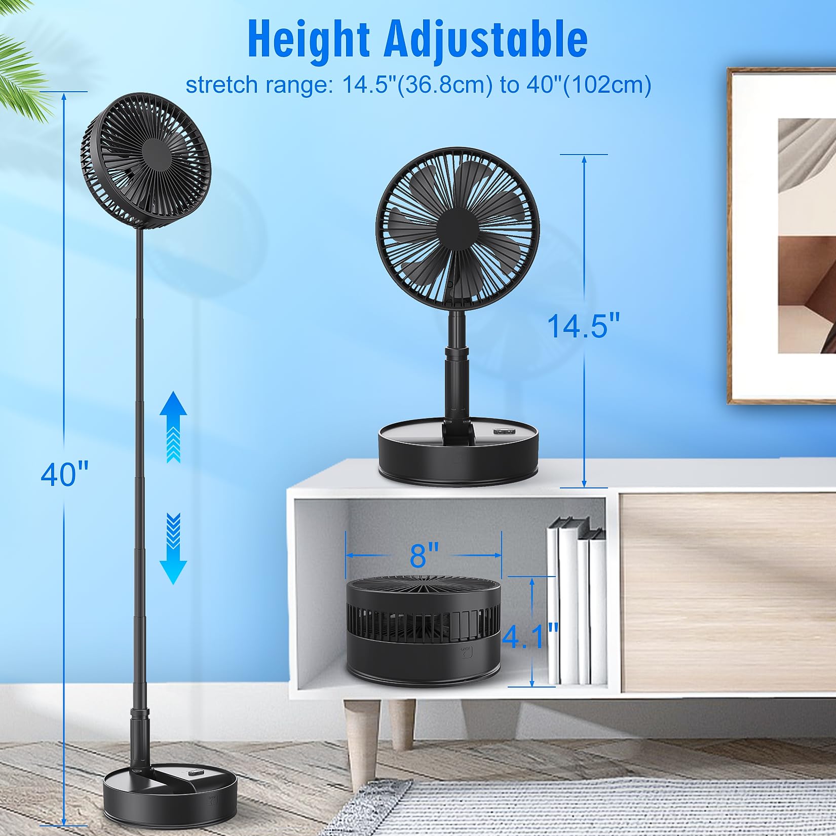 Ventilatore a Piantana con Telecomando, Ventilatore Silenzioso Portatile Oscillante, 7200mAh Ricaricabile Batteria Fan da Tavolo, 8" USB Altezza Regolabile Pieghevole per Camera da Letto Viaggio