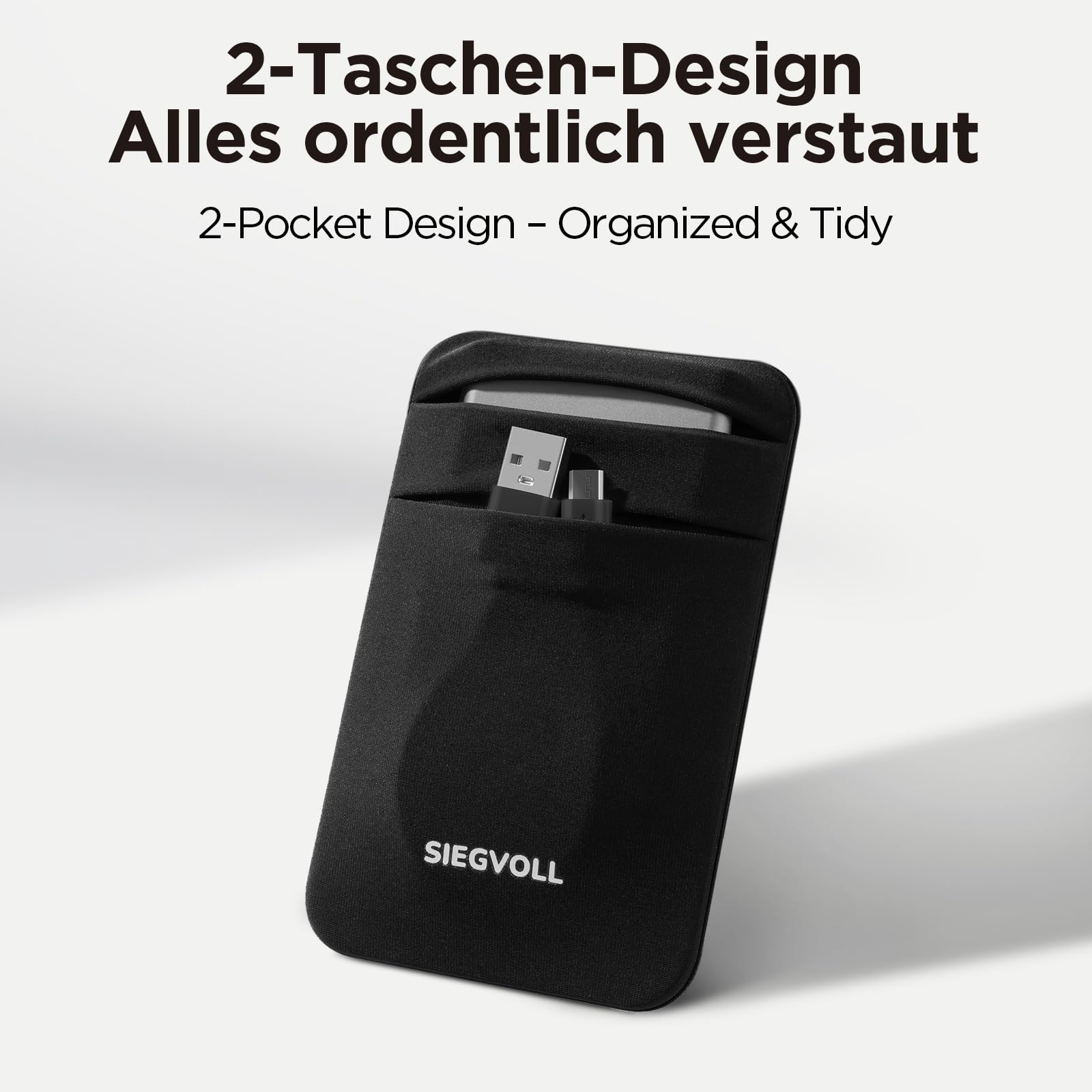 Siegvoll 2-kieszeniowa torba samoprzylepna na laptopy (1 sztuka), kompatybilna z przenośnym zewnętrznym dyskiem SSD (np. Samsung, Crucial), kablami USB i innymi – czarna