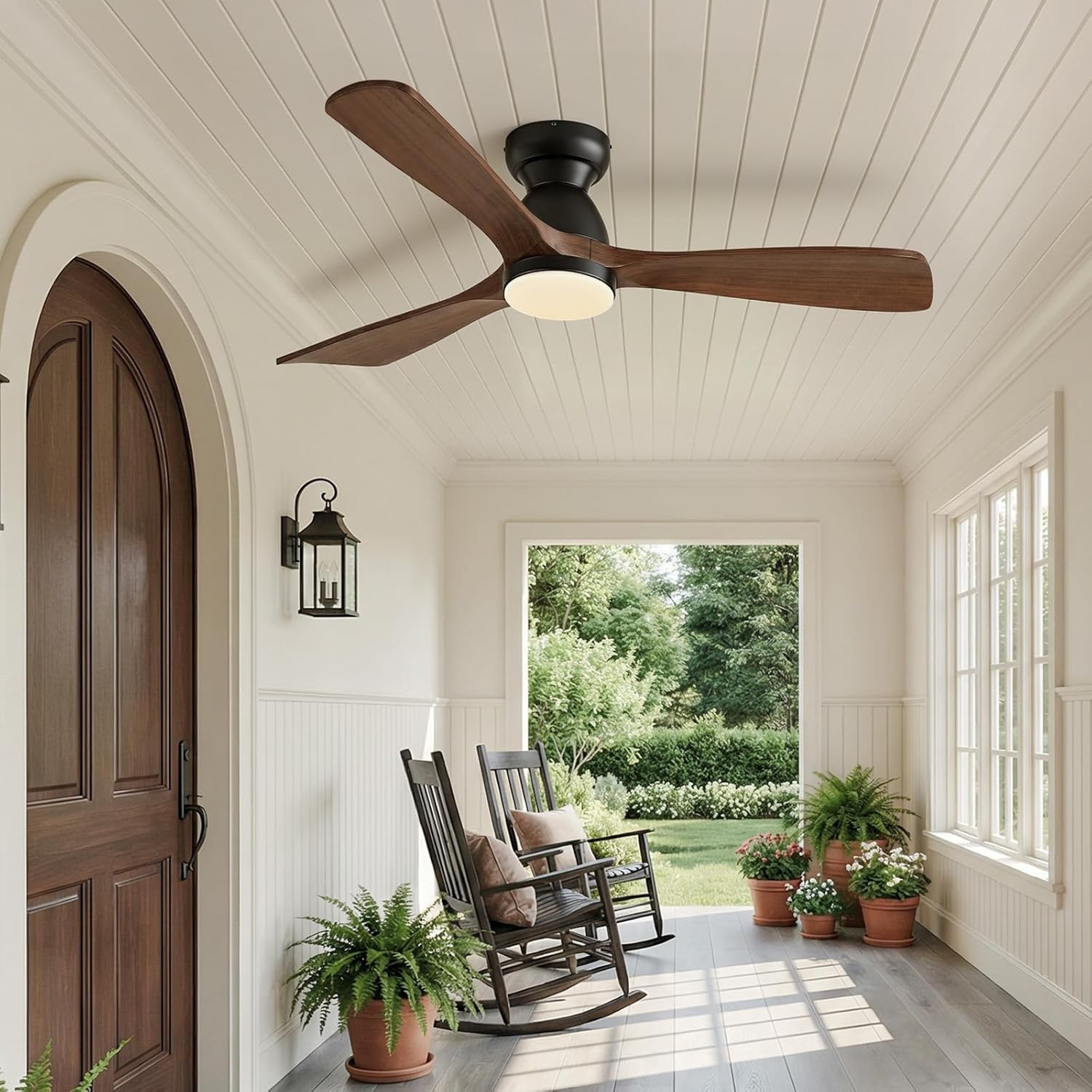 48in Smart Flush Mount Ceiling Fans with Lights Remote,3 Wood Ceiling Fan, Quiet DC Motor, Low Profile Ceiling Fan,Work with Alexa/Gg/App/Remote,Dimmable,6-Speed Fan for Patio Bedroom