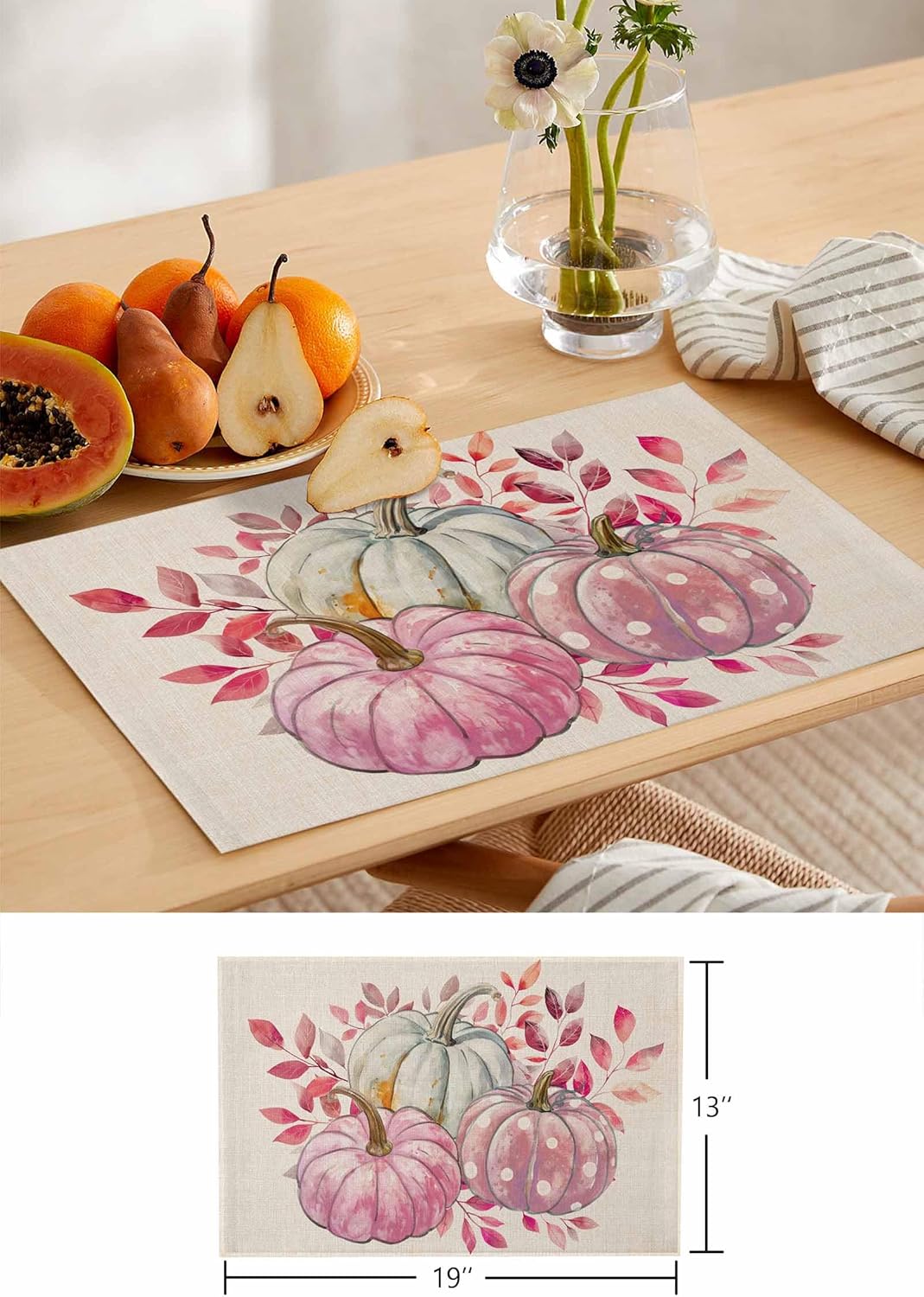Fall Placemats Set of 4 Autumn Pink White Polka Dot Pumpkins Leaves Linen Texture Place Mat for Dining Table Washable Burlap Cotton Table Mats