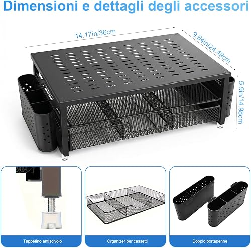 Organizer Da Scrivania, Supporto Per Monitor Con Cassetto E 2 Portapenne, Organizer Da Scrivania A 2 Ripiani Per Schermo E Laptop, Supporto Da Scrivania Ergonomico Per Accessori Da Ufficio (Nero) - 5
