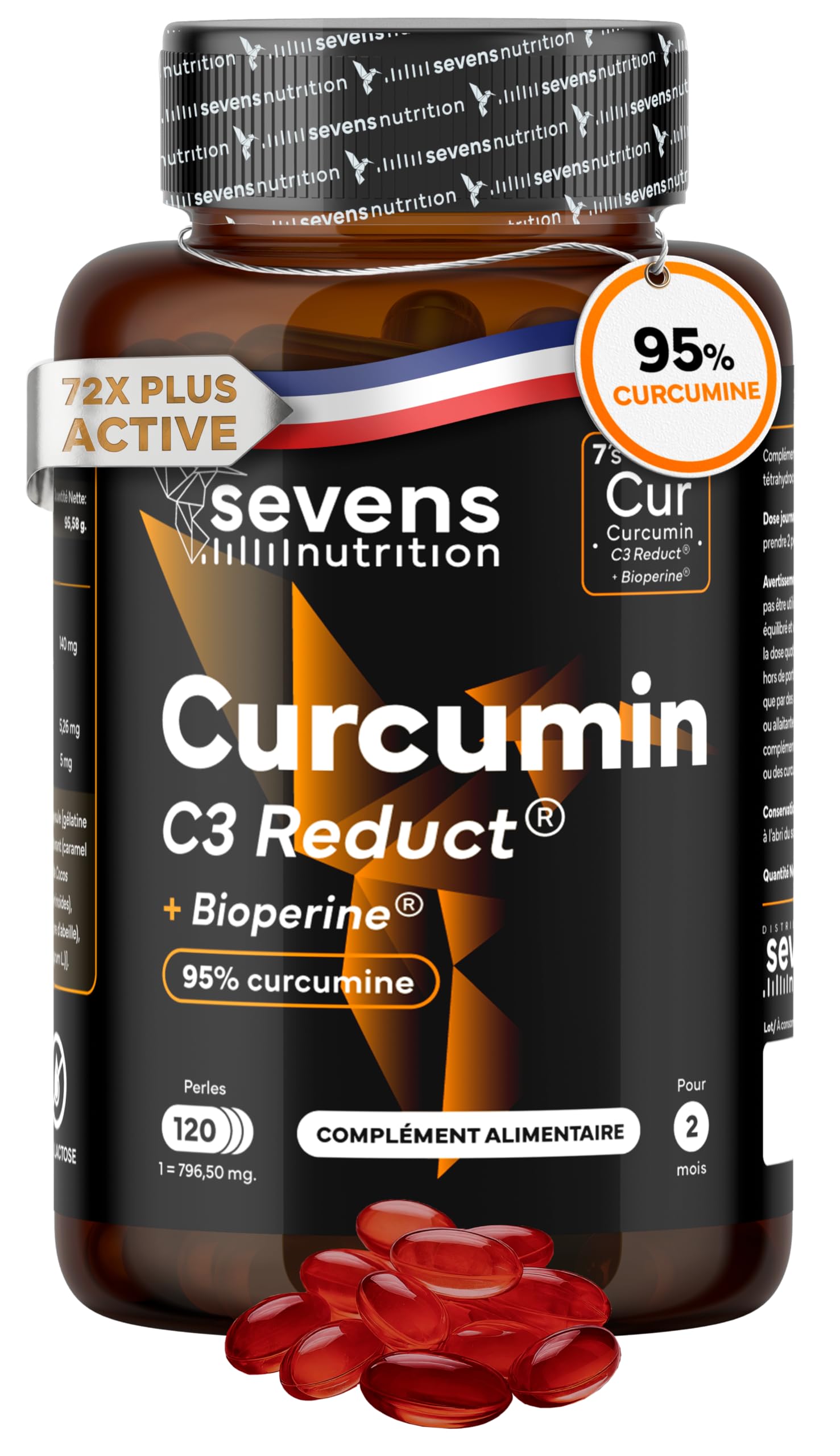 Curcumine C3 Reduct® avec BioPerine 95% – Curcuma Premium avec Huile d’Olive et MCT – 120 Softgels – Puissant Anti Inflammatoire Antioxydant Naturel Haute Absorption – Sevens