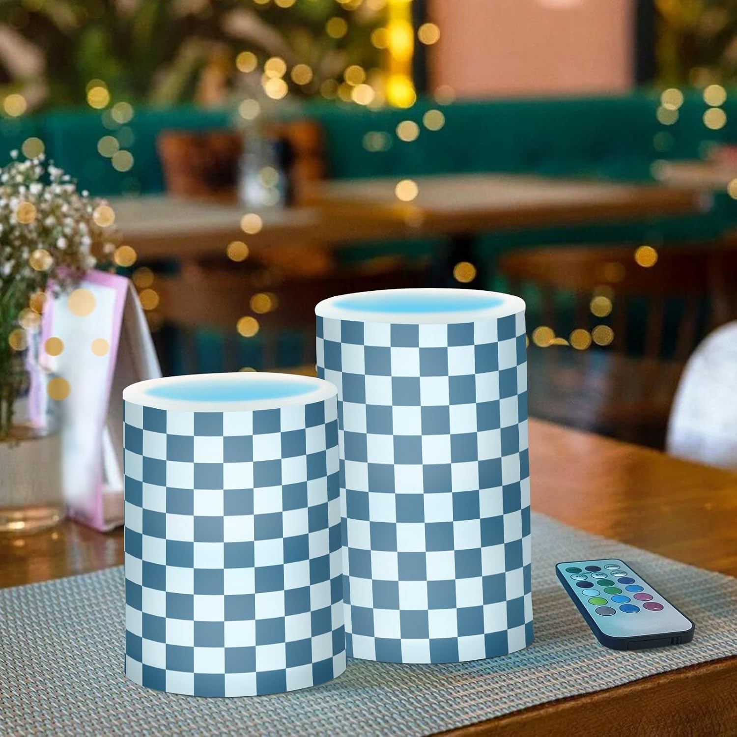 Navy White Checkered Flickering Flameless Candles LED Battery Operated with Remote Timer Pillar Candles for Home Birthday Wedding Christmas Decor, Set of 2