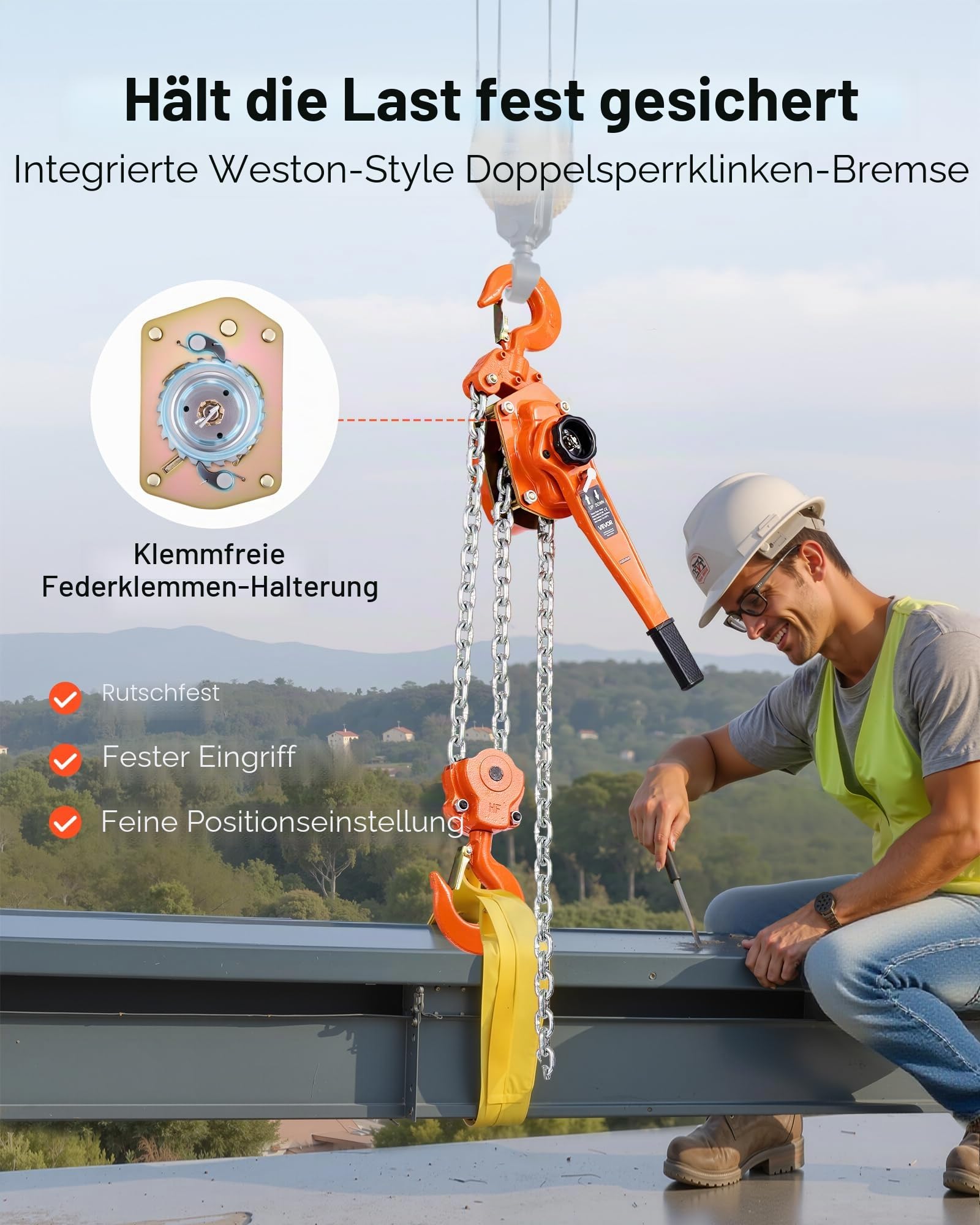 VEVOR Hebelzug, 6 T Kapazität, Handkettenzug, 3 m Hub, Hebezug G80-Legierungsstahlkette mit mechanischer Doppelsperrklinkenbremse, Ratschenzug 360° drehbare Haken, für Lagerhausbau, Garage