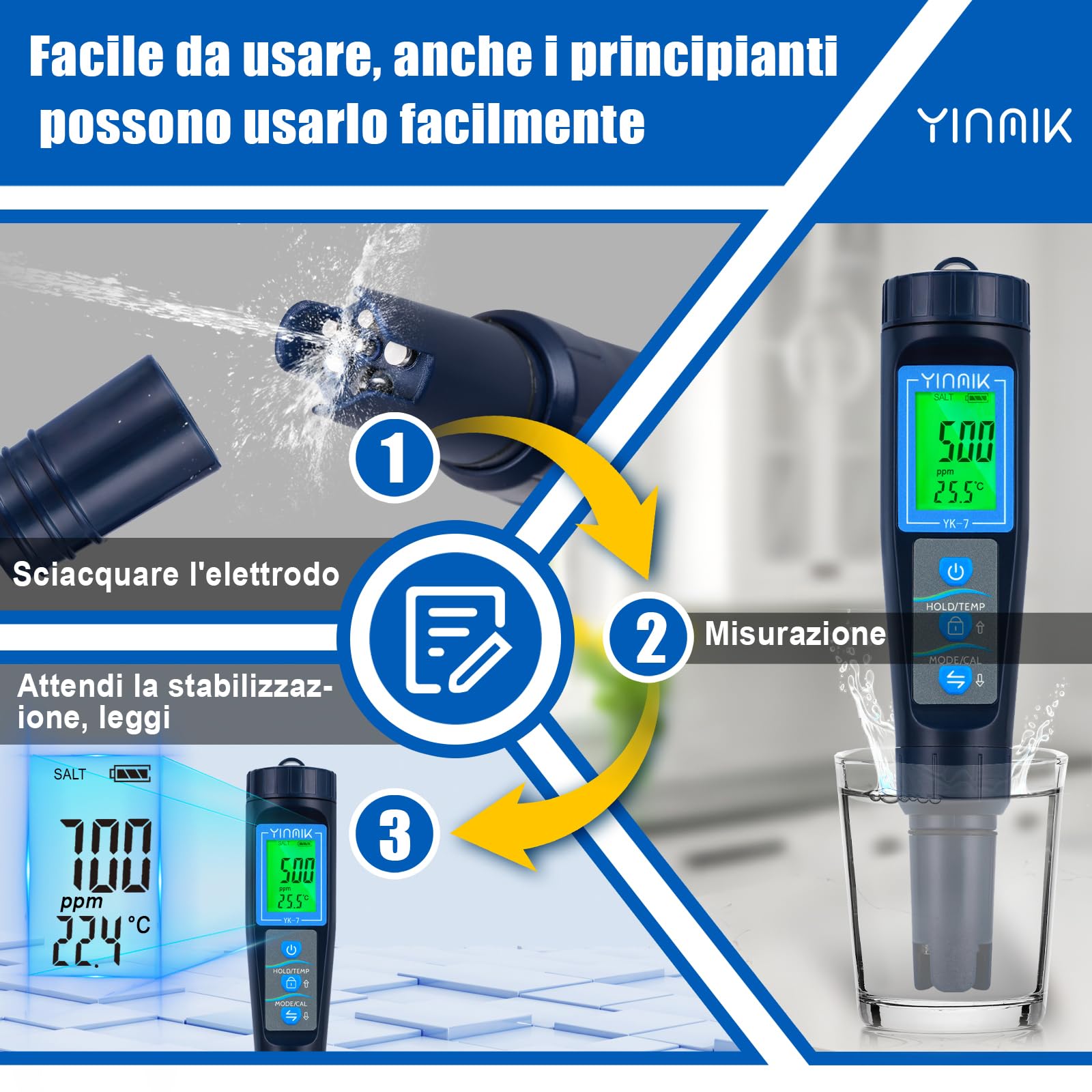 YINMIK Misuratore pH salinità per piscine, Tester digitale pH salinità per piscine di acqua salata, Tester pH salinità TDS EC 5 in 1 per piscine fuori terra, acquari, acqua potabile,coltura idroponica