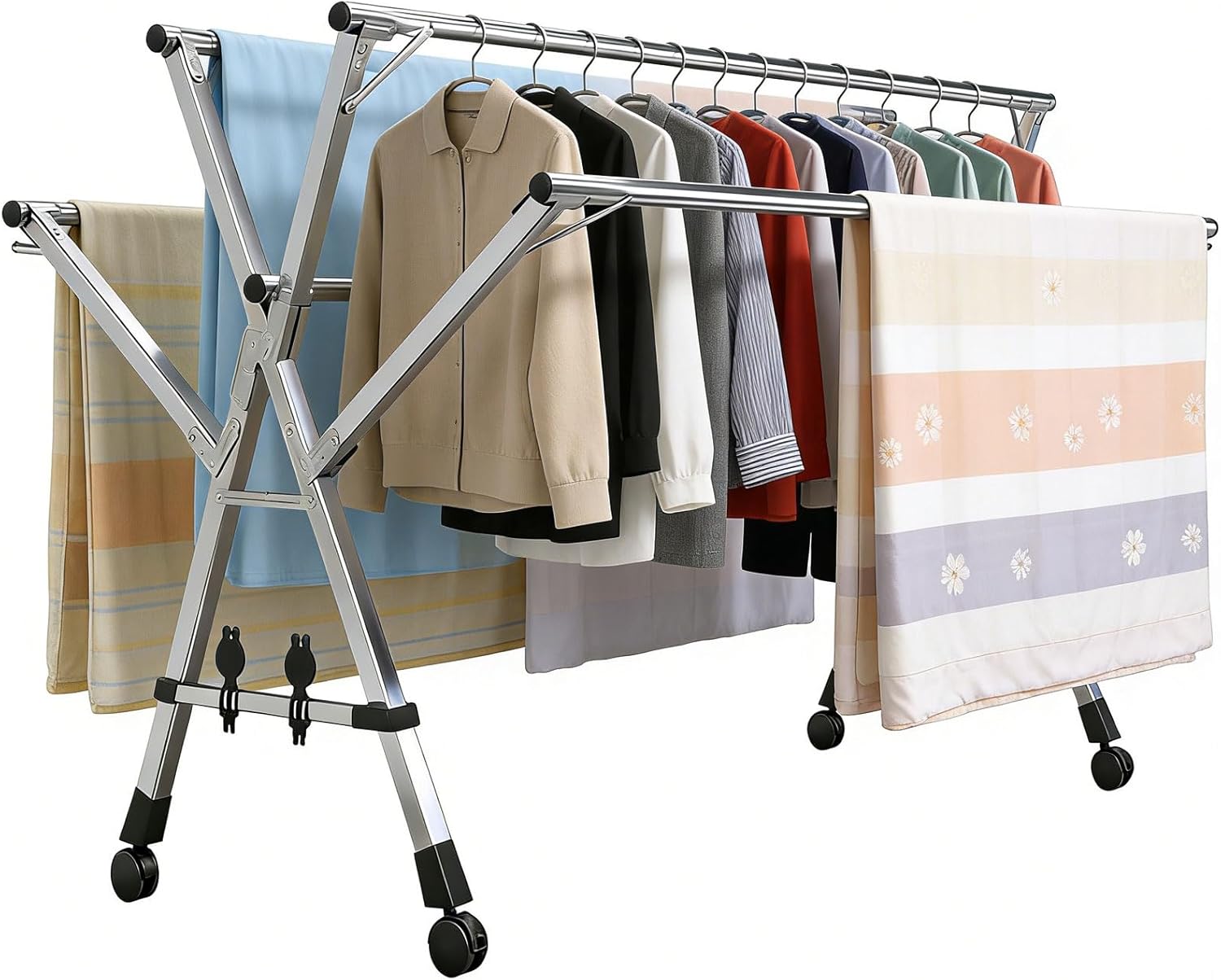 HUHJYUGE Retractable Laundry Drying Stand, Outdoor Foldable Clothes Drying Rack with Wheels, 5 Poles Portable Garment Hanger, No Installation Required for Patio Balcony (240cm/94.5inch)