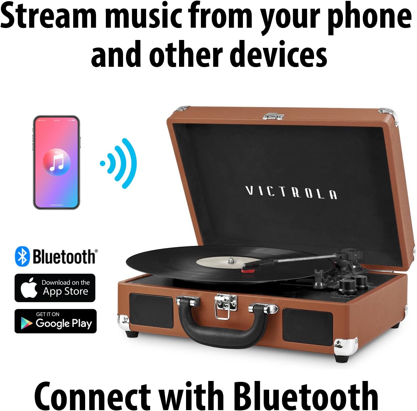 Buy 2 get 3 Victrola Vintage 3-Speed Bluetooth Portable Suitcase Record Player with Built-in Speakers | Upgraded Turntable Audio Sound| Includes Extra Stylus | Cognac (VSC-550BT-CG)