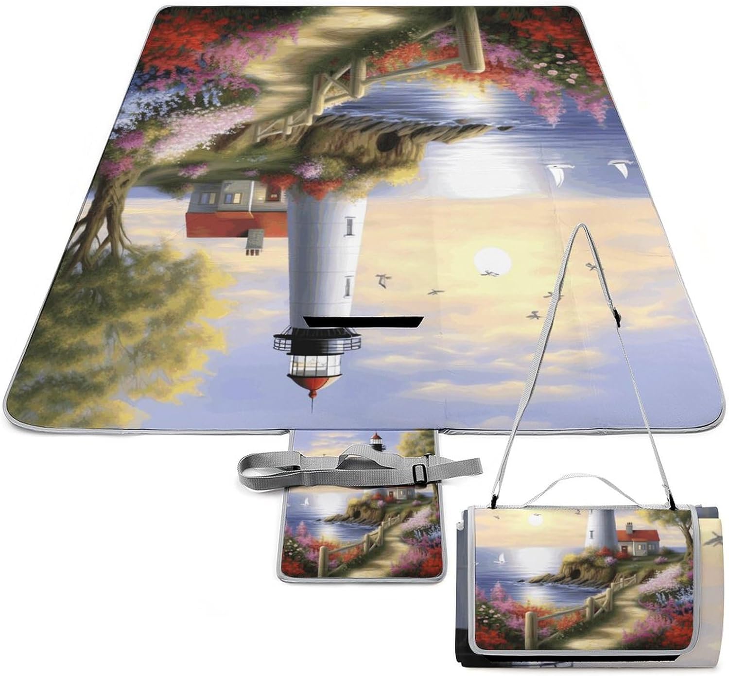 Outdoor Picnic Blanket,Lighthouse Diamond Painting Print Picnic Blankets,Large Beach Blanket Sand Free Foldable Portable Camping Blanket, 58.3x58.3