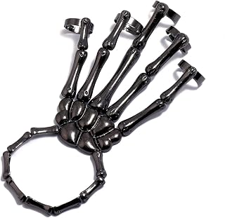 Caiyao Gothic Punk Metal Skull Skeleton Hand Bracelet Ring Exaggerated Bone Joint Fingers Wristband Talon Bracelet for Women Men Rock Hand Chain Halloween Costume Accessory Gifts