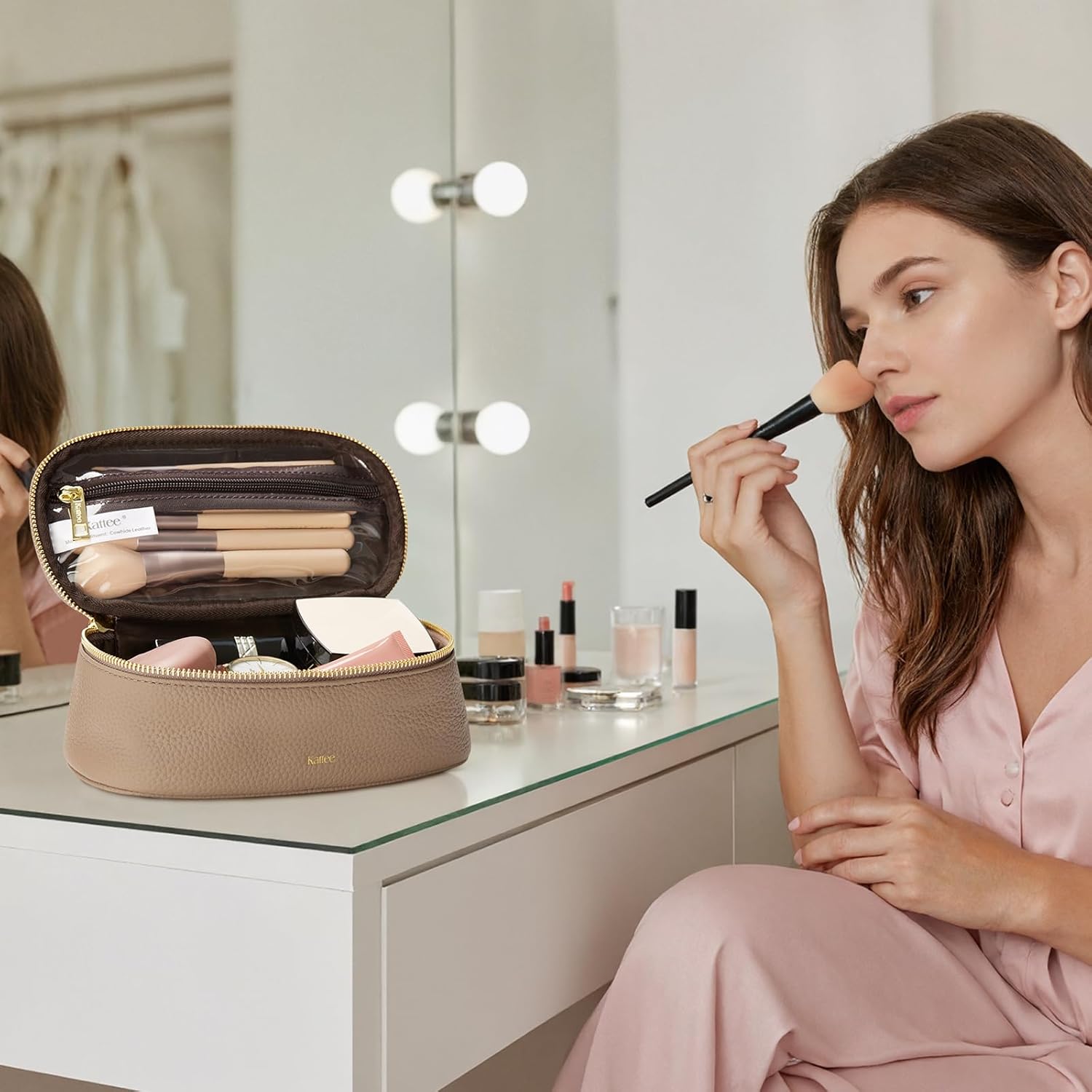 Kattee Makeup Bag for Women, Leather Cosmetic Bag, Working Makeup Bags for Ladies with Handles, Portable Travel Toiletry Bag,Apricot - Image 8