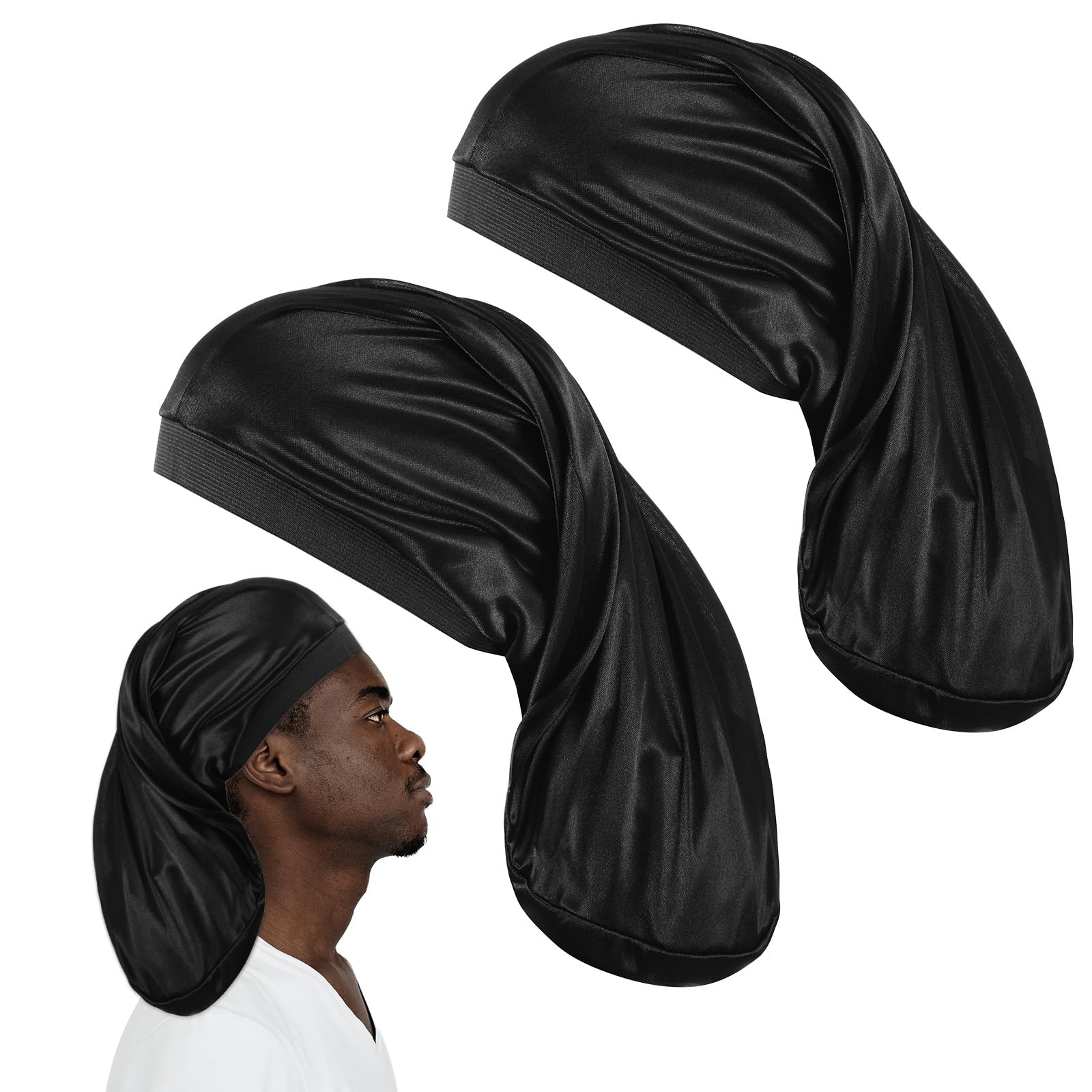 2 Pieces Large Dreadlock Cap Unisex Satin Shower Cap Head Wrap Loc Caps Satin Bonnet Sleeping Caps Hair Accessories Sleep Bonnet for Curly Braids Wave (Black)