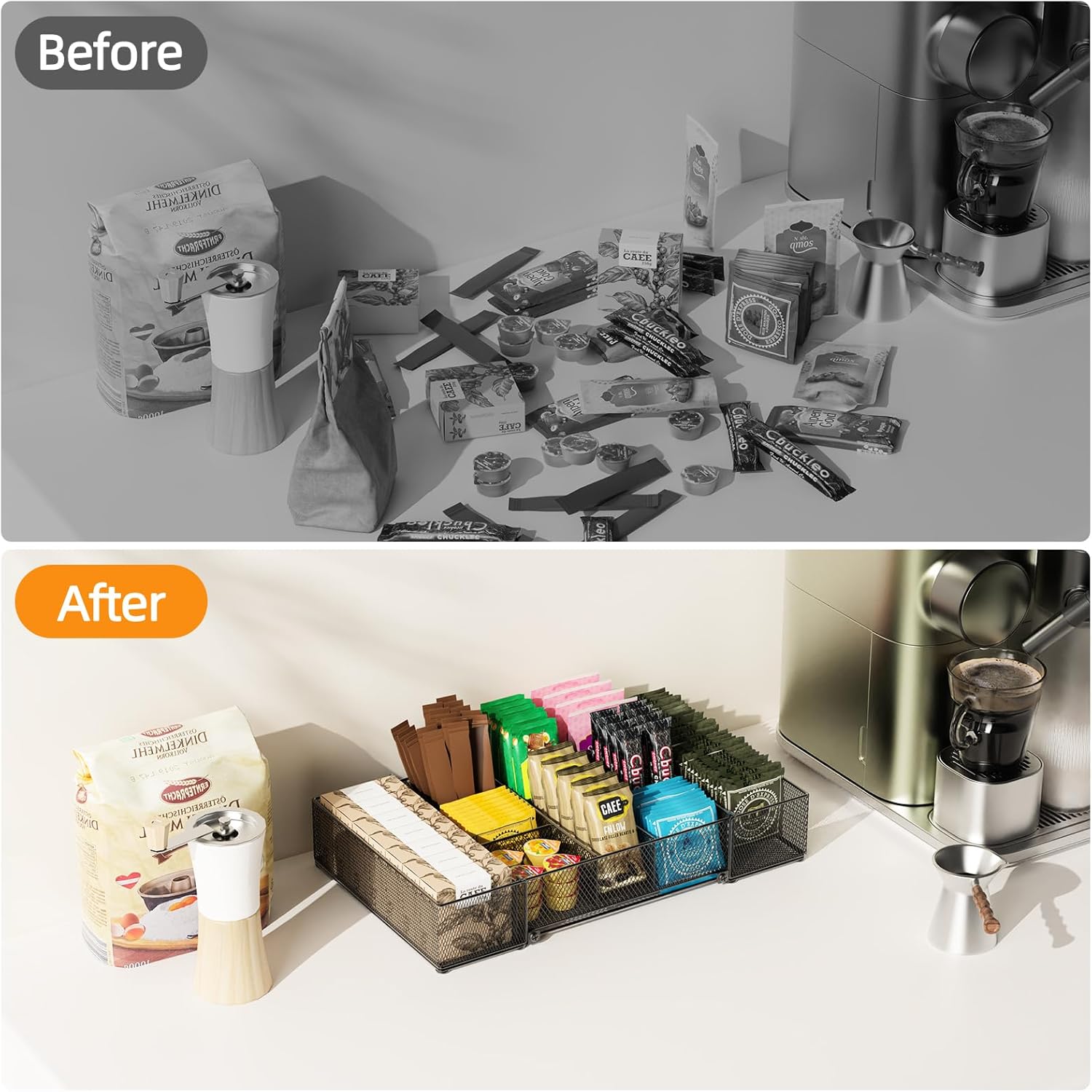 Expandable Snack Organizer, Adjustable Snack Container with 9 Compartments, Kitchen Countertop and Pantry Storage Tray for Tea Bags, Coffee Pods, Candy, and Cookies - Image 4