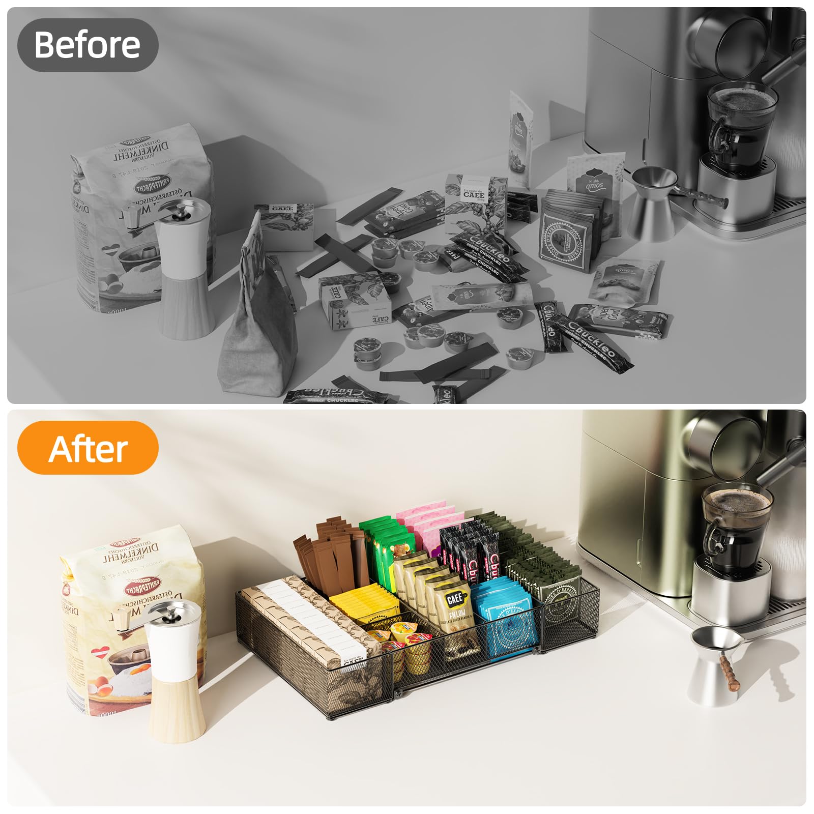 Organizador de aperitivos expandible, contenedor de aperitivos ajustable con 9 compartimentos, encimera de cocina y bandeja de almacenamiento de despensa para bolsas de té, cápsulas de