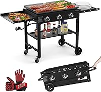 BESTFIRE 36" Foldable Flat Top Propane Grill - 3 Burner 45,000 BTU Outdoor Griddle with Wheels & Shelves, Black