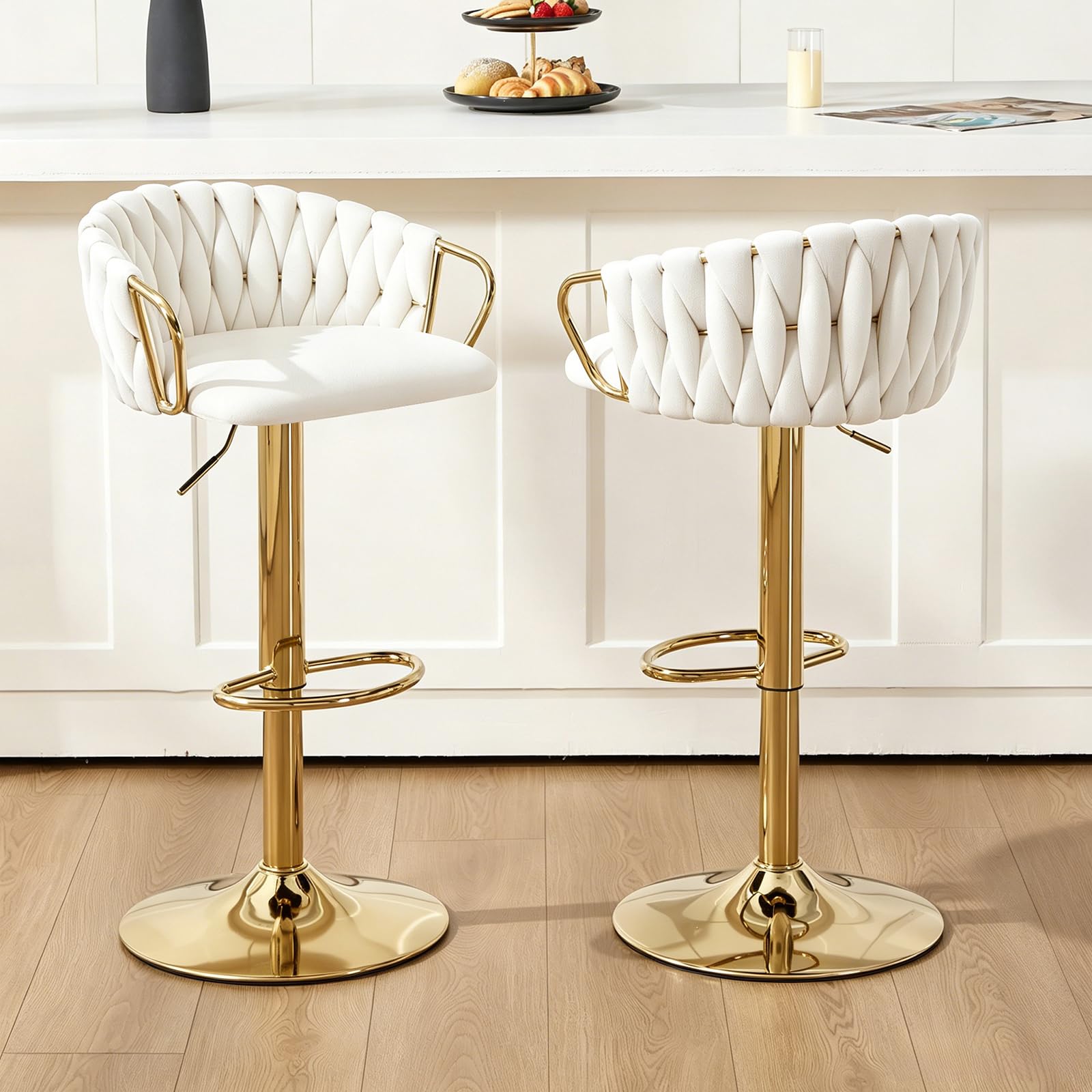 Orirsnug Velvet Bar Stools Set of 2, Adjustable Height, Gold Base, Cream
