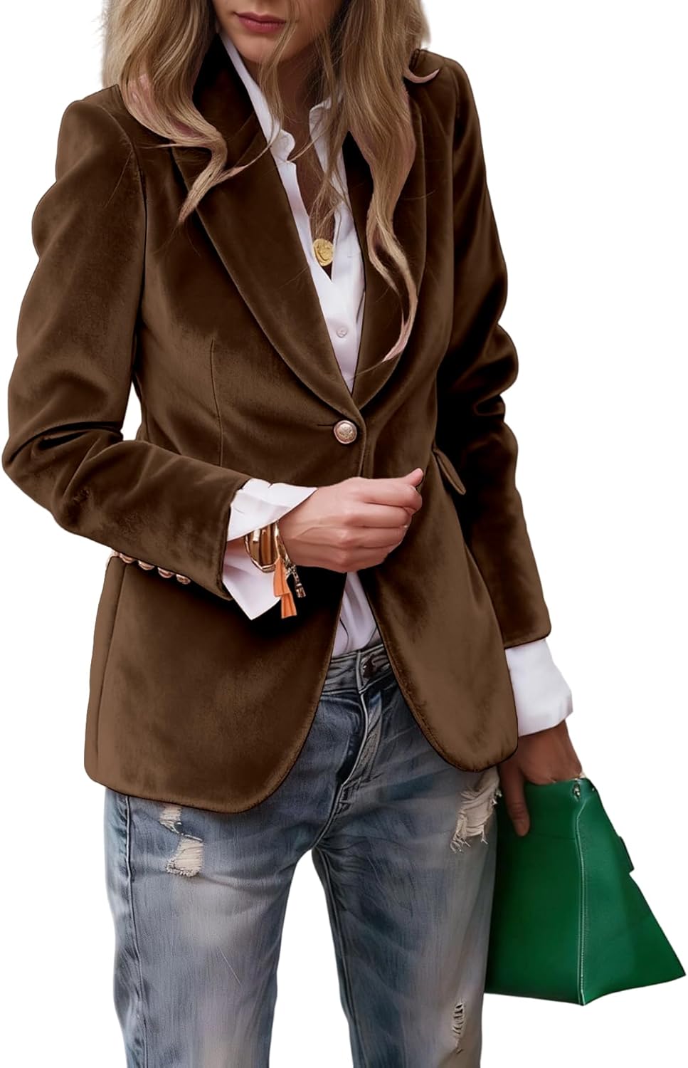 Velvet Blazer for Women, Elegant Slim Fit Single Button Faux Pocket Suit Jacket