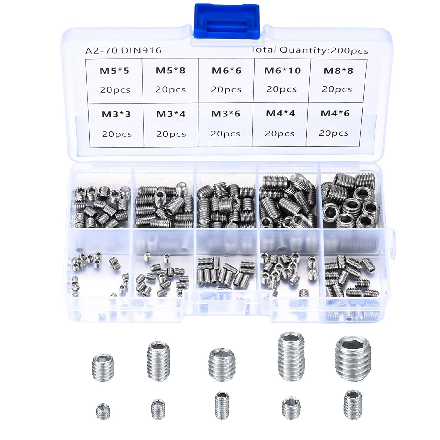 Set of 300 M3 M4 M5 M6 M8 Stainless Steel Hex Head Hex Socket Metric Thread Set Screws Silver