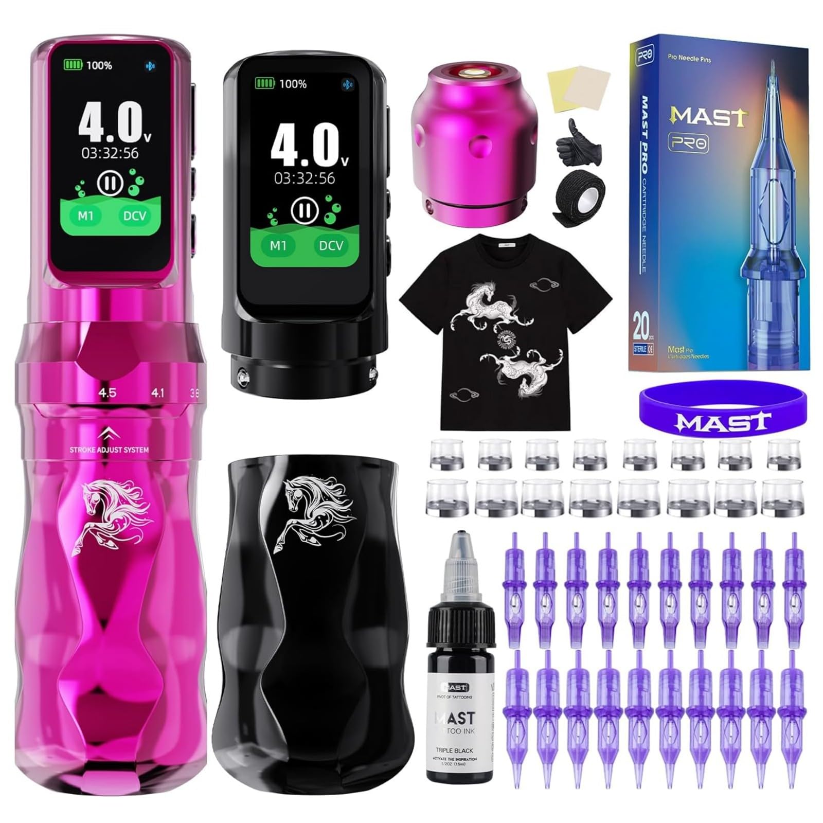 Dragonhawk Fold Pro Kit Macchina da Tatuaggio Edizione Year of The Horse, con Corsa da 2,5–4,5 mm, 2 Batterie, 20 Aghi, Set Completo di Inchiostro per Tatuaggi per Tatuatori Professionisti Rosa | Horse Edition - Set per tatuaggi senza fili, 20 aghi, colore per ombreggiatura, riempimento e dotwork, rosa