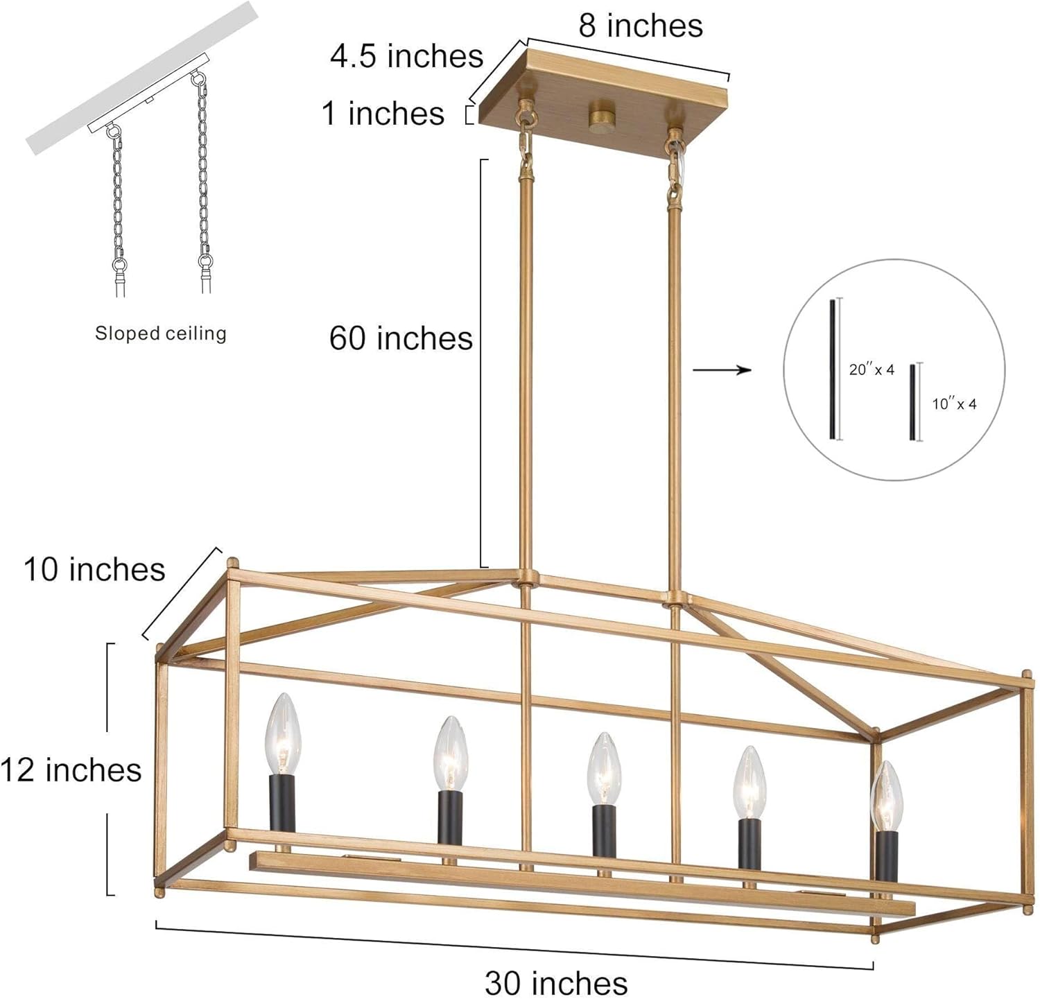 Overstock Modern Gold 5-Light Rectangle Chandelier Airy Frame Kitchen Island Light - L30 x W10.2 x H12