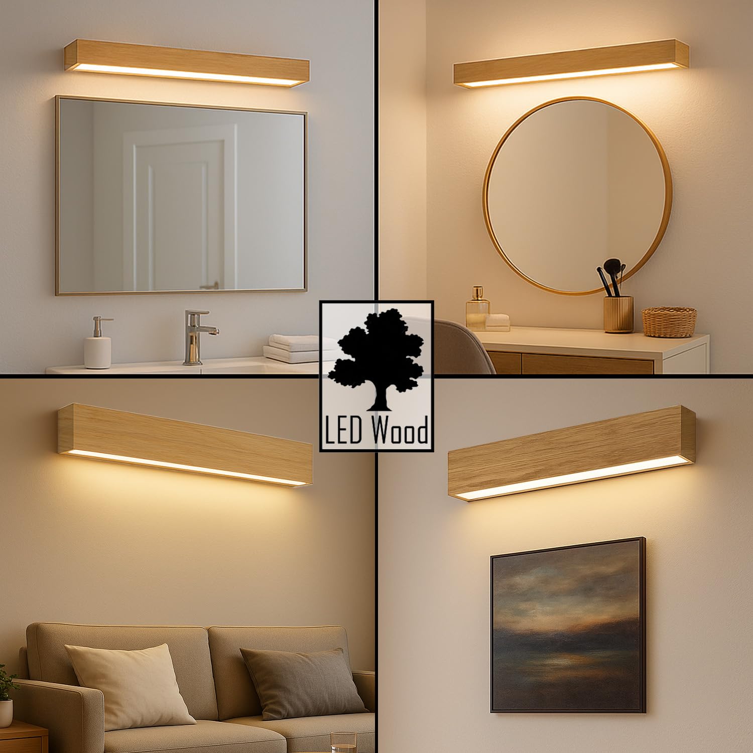 LED Wood Spiegelleuchte Bad aus Eichenholz 40 cm - Handgefertigte Wandleuchte Innen Holz - Wandlampe Badezimmer, Schlafzimmer und Flur - Spiegel Lampe Wand 18 W 1050 Lm Neutralweiß Licht 4000 K