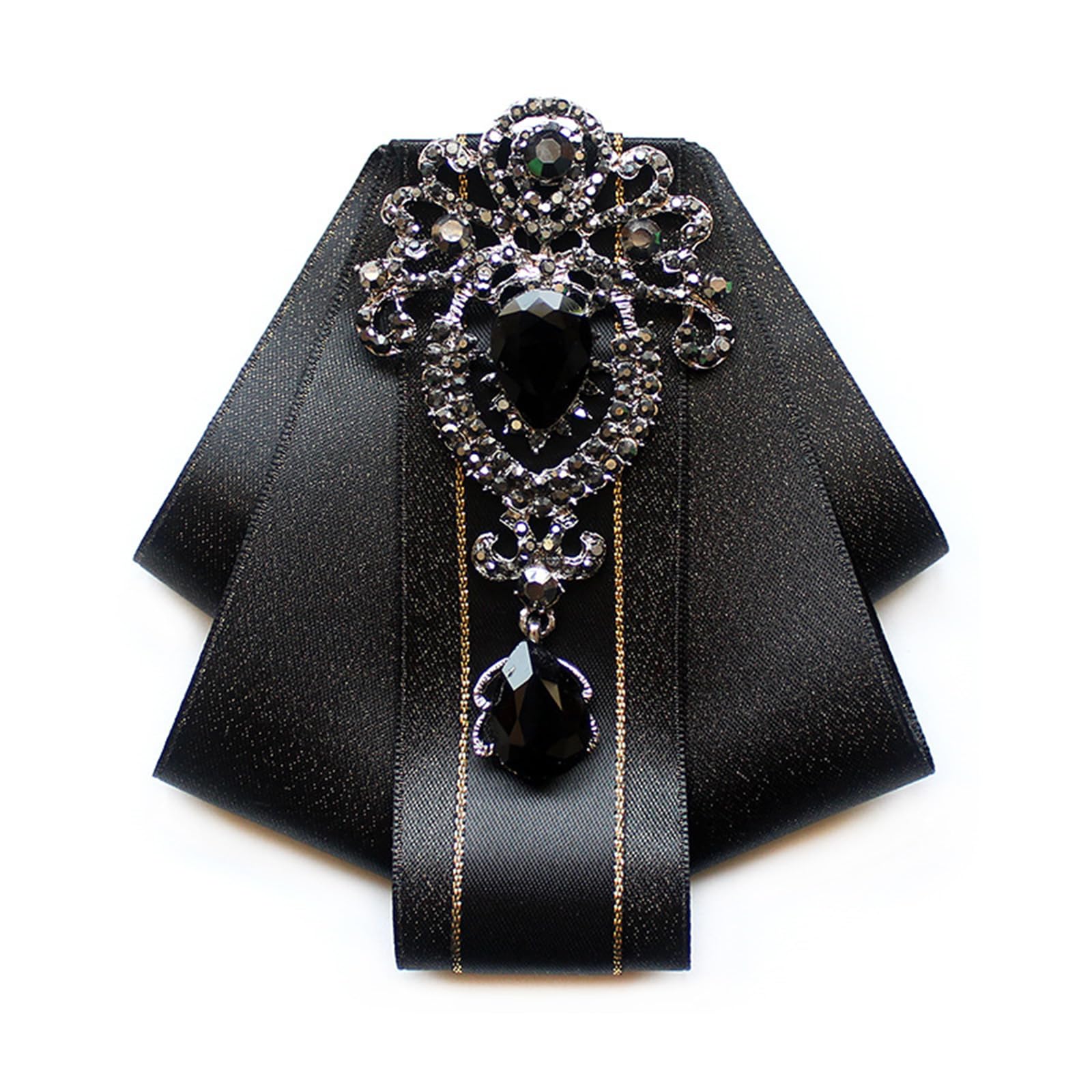 Cqeaz Men's Black Wo Silk Ribbon Bow Tie Cravat Vintage Crystal Rhinestones Necktie Wedding Bowtie Brooch Pin Pretied Necktie