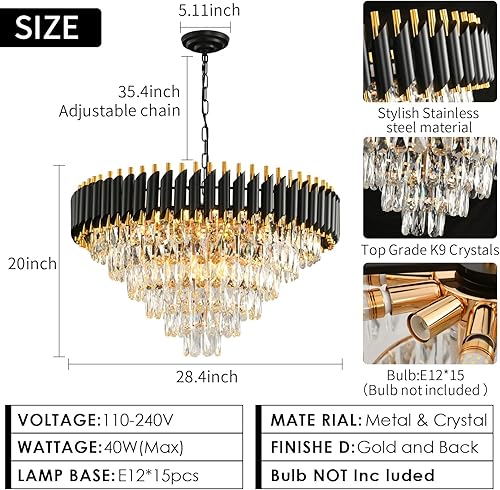 Miniatura 5 de Candelabros modernos de cristal para comedor, 15 luces, color negro y dorado, para sala de estar, redondos, 6 niveles, contemporáneos, lámpara