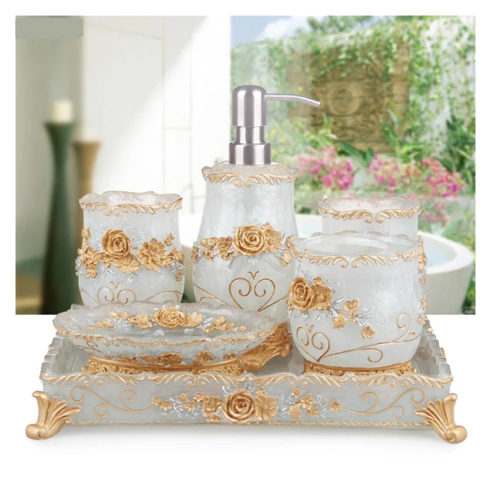 Bathroom Soap Dispenser Set Resin Household Bathroom Set Soap Dispenser Tooth Brush Holder Cup Dish Tray Toilet Wastebin Storage(14x16cm wastebin)